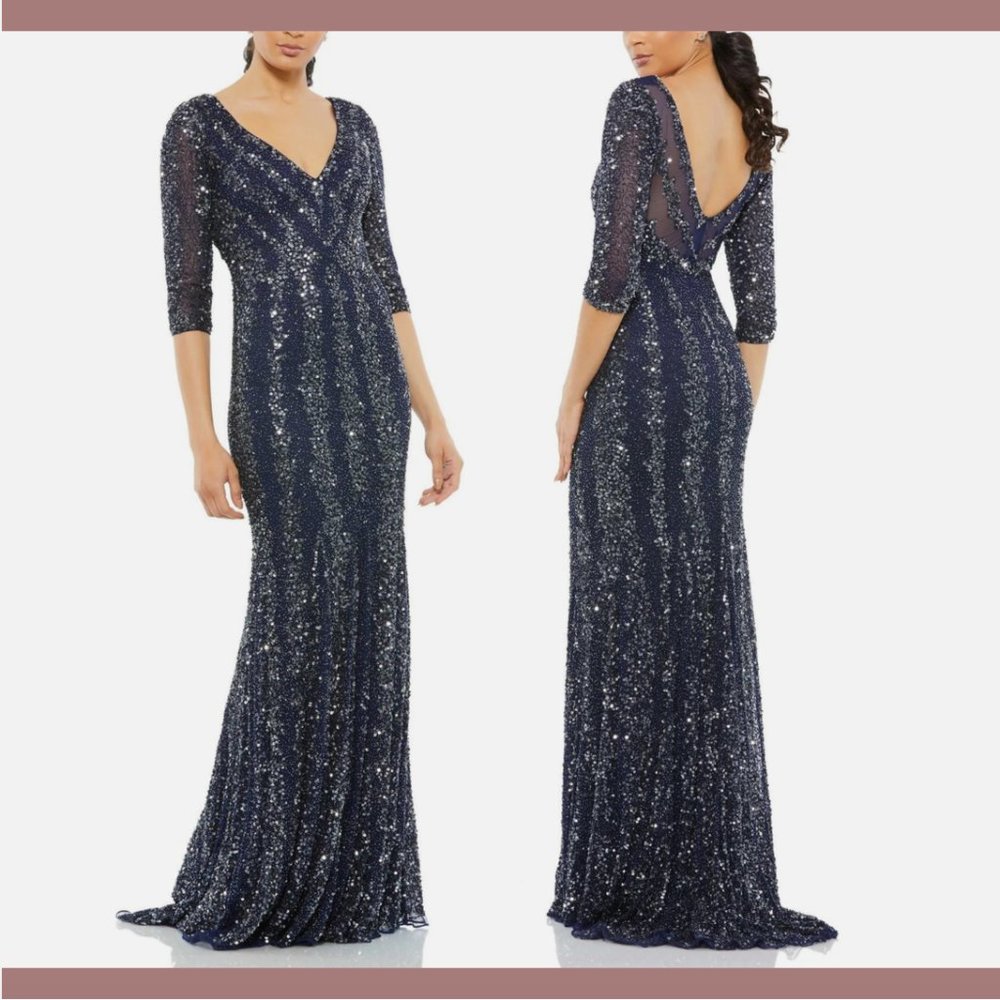 NWT $598 Mac Duggal [ 8 ] Quarter‎ Sleeve Embellished Gown in Midnight Blue Q644